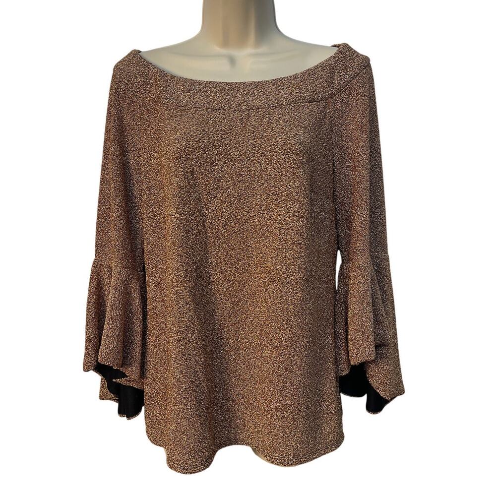 Prelude Long Sleeve Boatneck Top with Bell Flare Sleeves Brown/Metallic‎ Medium
